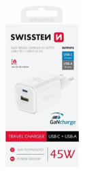 SWISSTEN mini adaptér GaN 230V 45W POWER DELIVERY 1xUSB-C + 1xUSB QC 18W BÍLÁ 